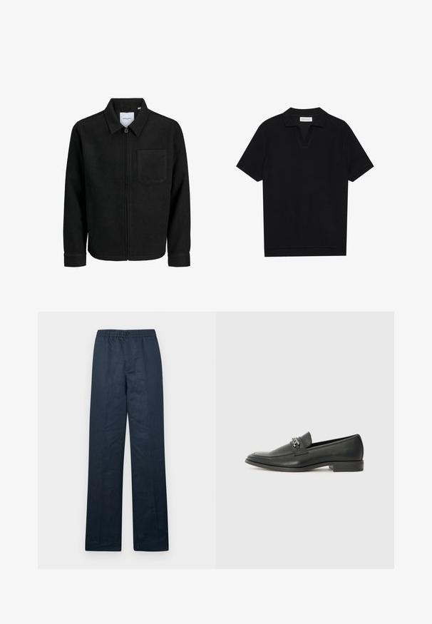 Chaqueta negra con cremallera y cuello, con un solo bolsillo en el pecho, expuesta sobre un fondo blanco.; Polo de manga corta negro con tejido texturizado y acanalado, con escote en forma de V y dobladillo recto. Sin logos ni patrones visibles.; Pantalones de lino azul marino con un corte relajado, cinturilla elástica y cierre de un solo botón. Presentan piernas rectas y una textura mínima.; Mocasín de cuero negro con un acabado suave, que cuenta con un diseño de costura y un acento decorativo de cadena de metal en el empeine. Tacón plano.