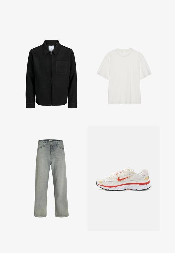 Mustaga lukuga jakker, millel on krae ja üks rinna-tasku, esitatud valgel taustal.; Valge puuvillane t-särk lühikeste varrukatega, ümar kaelus ja kontrastse õmbluse detail kaeluse ning varrukate ümber.; Heledad hallhallid, laia lõikega denimist teksased. Omavad klassikalist viie tasku disaini, vööloopse ja sirget säärelõiget.; Nike Sportswear P 6000 UNISEX - Tossud - phantom/dragon red/white/black/team gold