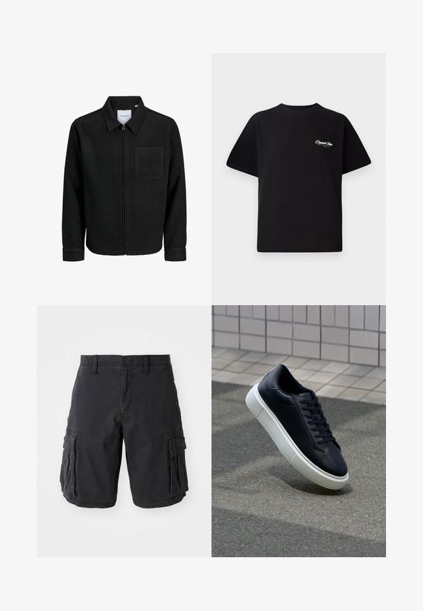 Črna jakna z zadrgo in ovratnikom ter enim žepom na prsih, prikazana na beli podlagi.; Črna bombažna majica s krožno ovratnikom, kratkimi rokavi in majhnim belim logotipom na levem prsnem delu. Preprost dizajn, klasičen kroj.; Črne cargo shorts iz bombaža, ki imajo več stranskih žepov, gumbasto zapiranje in sproščen kroj. Gladka tekstura in trdni šivi.; Črne usnjene superge z zaobljenim prstom in belim gumijastim podplat. Imajo ravne vezalke in minimalno šivanje na zgornjem delu. Teksturirani podplat za oprijem.