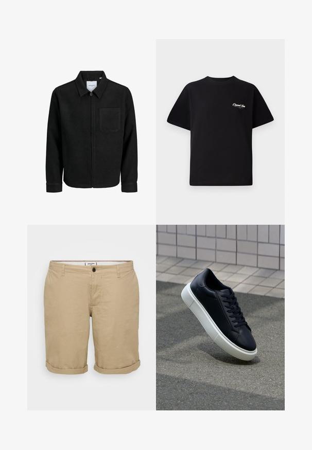 Giacca nera con zip, colletto e una tasca sul petto, mostrata su sfondo bianco.; T-shirt in cotone nero con scollatura rotonda, maniche corte e piccolo testo del logo bianco sul lato sinistro del petto. Design semplice, vestibilità classica.; Pantaloni shorts khaki chiaro con taglio dritto, realizzati in cotone. Presentano un bottone anteriore singolo, tasche laterali e orli arrotolati.; Sneaker in pelle nera con punta arrotondata e suola in gomma bianca. Presenta lacci piatti e cuciture minime sulla parte superiore. Suola testurizzata per una migliore aderenza.