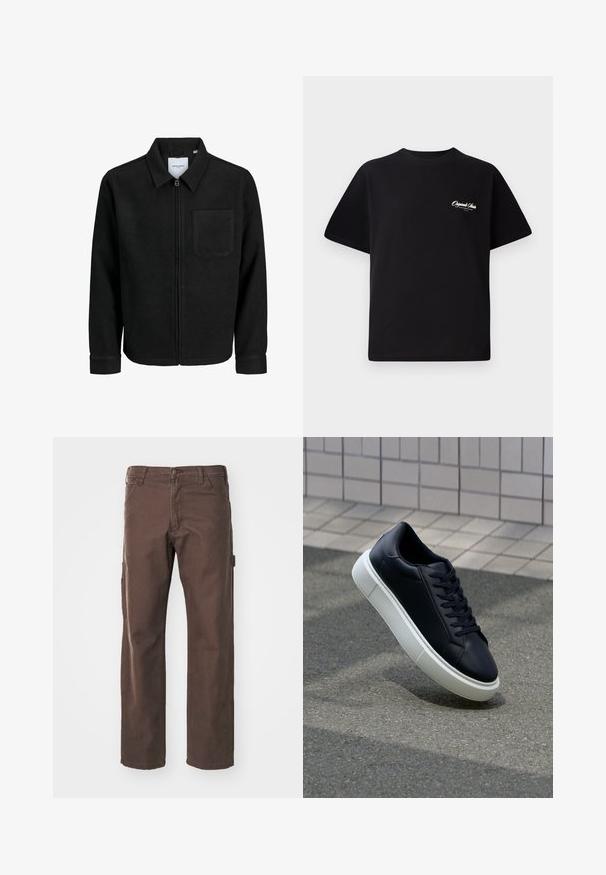 Melna jaka ar rāvējslēdzēju un apkakli, vienu krūšu kabatu, parādīta uz baltas fona.; Melnas kokvilnas t-krekls ar apaļu kakla izgriezumu, īsām piedurknēm un maziem baltiem logotipa uzrakstiem kreisajā krūšu daļā. Vienkāršs dizains, klasiskā piegriezne.; Dickies CARPENTER PANT - Auduma bikses - dark brown; Melnas ādas kedas ar noapaļotu pirkstu un baltu gumijas zoli. Iespējas - plakanas šņorītes un minimāla apdare augšdaļā. Struktūrēta zole, lai nodrošinātu saķeri.