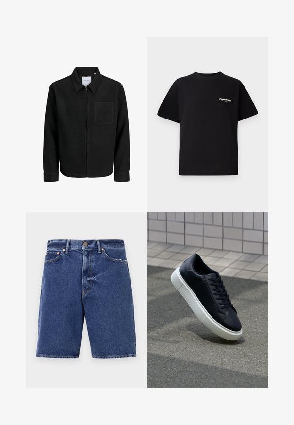 Črna jakna z zadrgo in ovratnikom ter enim žepom na prsih, prikazana na beli podlagi.; Črna bombažna majica s krožno ovratnikom, kratkimi rokavi in majhnim belim logotipom na levem prsnem delu. Preprost dizajn, klasičen kroj.; Denim kratke hlače v temno modri barvi s klasičnim krojem, z gumbom za zapiranje, petimi žepi in kontrastnim oranžnim šivom.; Črne usnjene superge z zaobljenim prstom in belim gumijastim podplat. Imajo ravne vezalke in minimalno šivanje na zgornjem delu. Teksturirani podplat za oprijem.