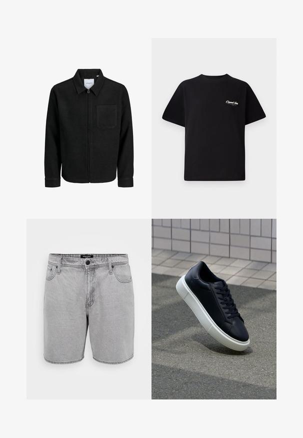 Črna jakna z zadrgo in ovratnikom ter enim žepom na prsih, prikazana na beli podlagi.; Črna bombažna majica s krožno ovratnikom, kratkimi rokavi in majhnim belim logotipom na levem prsnem delu. Preprost dizajn, klasičen kroj.; Sivi jeans kratke hlače s ravnim krojem, ki imajo sprednje žepe, gumbasto zapiranje in klasičen pet žepni dizajn.; Črne usnjene superge z zaobljenim prstom in belim gumijastim podplat. Imajo ravne vezalke in minimalno šivanje na zgornjem delu. Teksturirani podplat za oprijem.