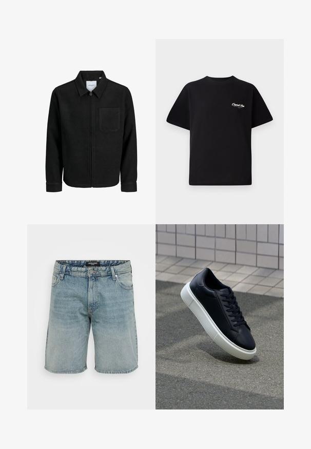 Črna jakna z zadrgo in ovratnikom ter enim žepom na prsih, prikazana na beli podlagi.; Črna bombažna majica s krožno ovratnikom, kratkimi rokavi in majhnim belim logotipom na levem prsnem delu. Preprost dizajn, klasičen kroj.; Svijetloplave traper šorts hlače s slobodnim krojem, klasičnim pet-pocket dizajnom, te dugmetom i zatvaračem sprijeda.; Črne usnjene superge z zaobljenim prstom in belim gumijastim podplat. Imajo ravne vezalke in minimalno šivanje na zgornjem delu. Teksturirani podplat za oprijem.