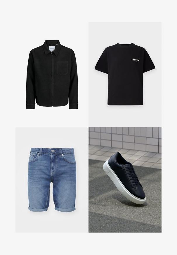 Veste zippée noire avec col et poche poitrine unique, présentée sur fond blanc.; T-shirt en coton noir avec col rond, manches courtes et petit texte logo blanc sur la poitrine gauche. Conception simple, coupe classique.; Shorts en denim bleu clair. Dotés d'un design classique à cinq poches, de ourlets roulés et d'une fermeture à bouton en métal à la taille.; Baskets noires en cuir avec bout arrondi et semelle en caoutchouc blanc. Elles présentent des lacets plats et une couture minimale sur la tige. Semelle texturée pour une bonne adhérence.