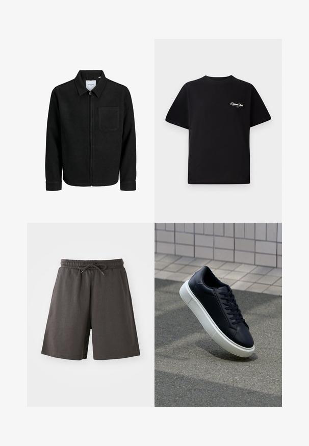 Veste zippée noire avec col et poche poitrine unique, présentée sur fond blanc.; T-shirt en coton noir avec col rond, manches courtes et petit texte logo blanc sur la poitrine gauche. Conception simple, coupe classique.; Shorts gris foncé en tissu doux, dotés d'une taille élastique, d'un cordon de serrage réglable et d'une coupe au niveau des genoux. Texture lisse, sans motifs.; Baskets noires en cuir avec bout arrondi et semelle en caoutchouc blanc. Elles présentent des lacets plats et une couture minimale sur la tige. Semelle texturée pour une bonne adhérence.
