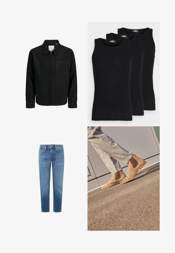 Mustaga lukuga jakker, millel on krae ja üks rinna-tasku, esitatud valgel taustal.; Mustad mustasid maikat, pakis kolm tükki. Ribidega tekstuur, standardne ümardatud kaelus, ilma varrukateta. Hemil on all väike brändi logo.; Heledad sinine denimist teksad otstest lõikega, viis taskut ja klassikaline vöökoht. Sile tekstuur kerge plekkimisega ja kontrastsete õmblustega.; Pruunist sametist Chelsea saapad elastsete külgpaneelidega ja siledast tan värvi kummitaldadega, koos heledate hallide pükstega tekstuurilisel pinnal.