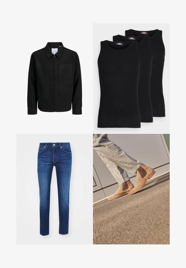 Juodas džemperis su užtrauktuku, apykakle ir vienu krūtiniu kišenėje, pristatytas baltame fone.; Juodi maikutai trijų pakuotėje. Raštuota tekstūra, standartinė apvalia iškirpte, be rankovių. Apačia papuošta mažuoju prekės ženklu.; Tamsiai mėlynos džinsinės kelnės su tiesia kojų iškirpimu, penkiomis kišenėmis ir mygtukų uždarymu, turinčios kontrastingą siuvinėjimą ir subtilų nusidėvėjimą.; Rudos zomšiniai Chelsea batai su elastiniais šonų paneliais ir lygia šviesiai rudos gumine padu, derinami su šviesiai pilkais kelnių ant tekstūruoto paviršiaus.