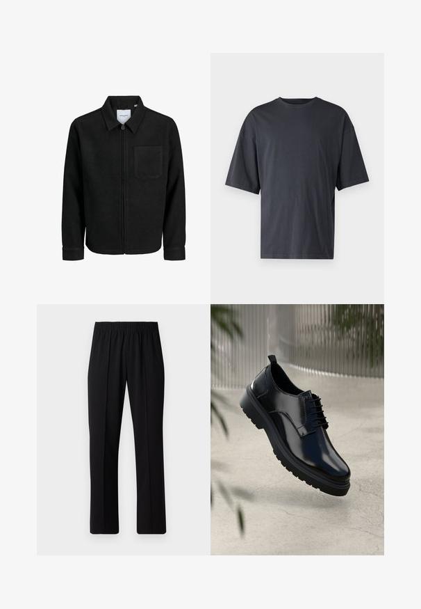 Fekete, zipzáros dzseki gallérral és egyetlen mellzsebbel, fehér háttéren.; Sötét szürke, rövid ujjú póló, könnyű pamutból készült, laza szabással és klasszikus kerek nyakkivágással, sima textúrájú és minták nélküli.; Fekete, gumíros derekú nadrág egyenes szabással, sima felülettel, látható minták vagy fémrészek nélkül.; Fekete bőr cipő fényes felülettel, kerek orral, fűzős kialakítással, kontrasztos varrással és vastag gumitalppal, amelyen barázdák találhatók.