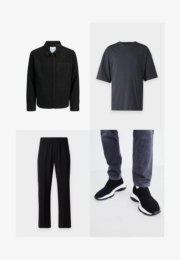 Zwarte zip-up jas met kraag en enkele borstzak, weergegeven op een witte achtergrond.; Donkergrijs T-shirt met korte mouwen, gemaakt van lichtgewicht katoen, met een losse pasvorm en een klassieke ronde hals, met een effen textuur en zonder patronen.; Zwarte, elastische broek met rechte pijpen, met een gladde textuur en zonder zichtbare patronen of hardware.; Zwart-witte instapsneakers met een textuurmesh bovenkant, ronde neus en zwarte rubberen zool, gecombineerd met donkere jeans.