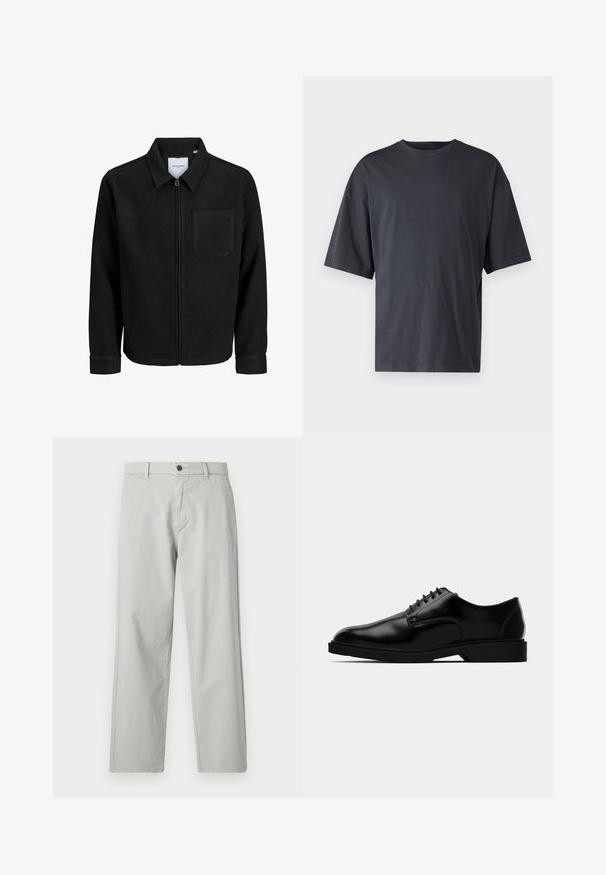 Mustaga lukuga jakker, millel on krae ja üks rinna-tasku, esitatud valgel taustal.; Tumehall lühikeste varrukatega T-särk, mis on valmistatud kerge puuvilla segust, laia lõikega ja klassikalise ümmarguse kaelusega, täiesti sile ja ilma mustriteta.; Heledad hallhalli sirged püksid, mis on valmistatud siledast kudumisest. Omab esist nupulahtust ja küljetaskuid. Minimalistlik stiil.; Mustad musta nahast kleitking, millel on sile viimistlus, ümmargune varvas, nööriga disain ja tagasihoidlik kummist tald haardeks.