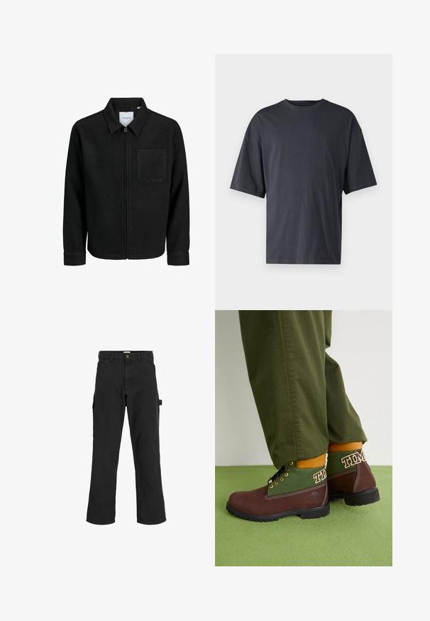 Chaqueta negra con cremallera y cuello, con un solo bolsillo en el pecho, expuesta sobre un fondo blanco.; Camiseta de manga corta en gris oscuro, hecha de algodón ligero, con un corte holgado y un cuello redondo clásico, con textura lisa y sin patrones.; Pantalones cargo negros en tejido de mezcla de algodón. Presentan piernas anchas, bolsillos frontales inclinados y un bolsillo lateral con un lazo para accesorios.; Timberland Botines con cordones - dark brown/green