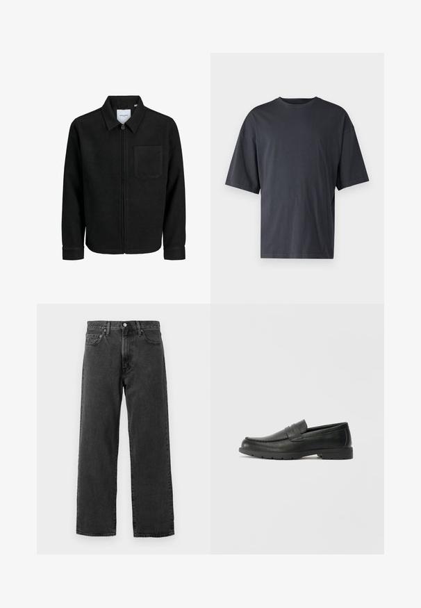 Mustaga lukuga jakker, millel on krae ja üks rinna-tasku, esitatud valgel taustal.; Tumehall lühikeste varrukatega T-särk, mis on valmistatud kerge puuvilla segust, laia lõikega ja klassikalise ümmarguse kaelusega, täiesti sile ja ilma mustriteta.; Mustad denim püksid sirge sääre disainiga, viie taskuga stiilis ja klassikalise nööp sulgemisega. Omab peent tekstuuriga kangast.; Musthave nahkkingad siledast nahast, mokassiini stiilis ülevalt, tikanditega ja kummist tallaga. Klassikaline disain madala kontsaga.