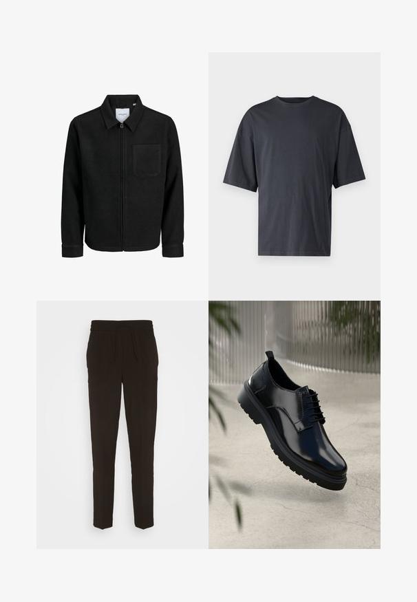 Fekete, zipzáros dzseki gallérral és egyetlen mellzsebbel, fehér háttéren.; Sötét szürke, rövid ujjú póló, könnyű pamutból készült, laza szabással és klasszikus kerek nyakkivágással, sima textúrájú és minták nélküli.; Fekete, hosszú, hegyes nadrág puha, sima anyagból készült. Rugalmas derékpántja van, amelyhez állítható zsinór tartozik.; Fekete bőr cipő fényes felülettel, kerek orral, fűzős kialakítással, kontrasztos varrással és vastag gumitalppal, amelyen barázdák találhatók.
