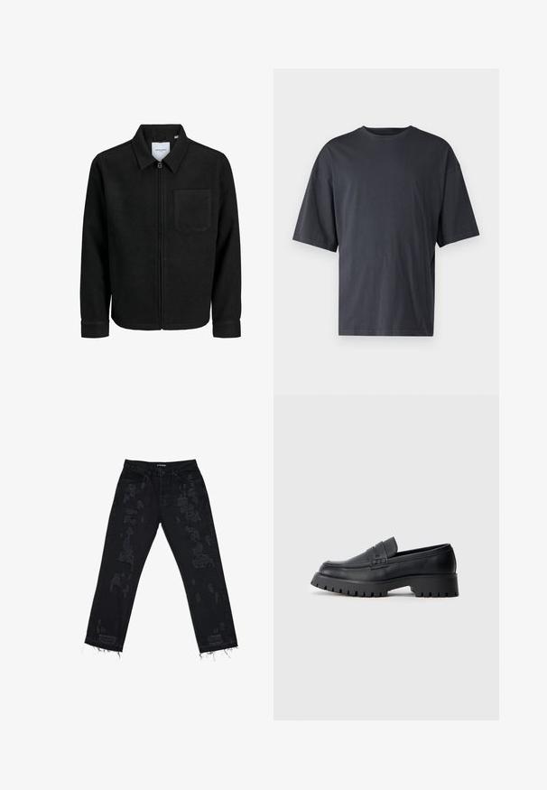 Musta vetoketjullinen takki, jossa on kaulus ja yksi rintatasku, esitelty valkoista taustaa vasten.; T-paita, jossa on lyhyet hihat, tummanharmaa ja valmistettu kevyestä puuvillasta. Mallissa on avara istuvuus ja klassinen pyöreä kaula-aukko, ja se on yksinkertainen ilman kuvioita.; Mustat farkut harvennuksilla, rento malli, rispaantunut helma ja perinteinen viisi taskua -design. Kangas näyttää kestävältä ja teksturoituneelta.; Musta nahkakengät, joissa on pyöreä kärki, koristeellinen nauha ja paksu kumipohja, jossa on syvät urat pidon parantamiseksi.