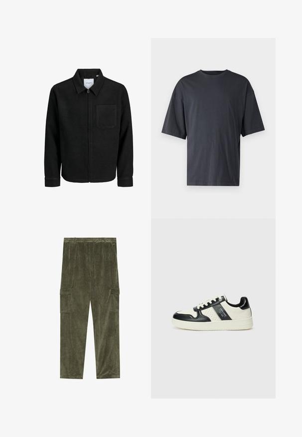 Czarna kurtka z zamkiem na całej długości, z kołnierzem i jedną kieszenią na piersi, umieszczona na białym tle.; Ciemnoszara koszulka z krótkim rękawem wykonana z lekkiej bawełny, posiadająca luźny krój i klasyczny okrągły dekolt, o gładkiej fakturze i bez wzorów.; Khaki zielone spodnie cargo z korduroju o pionowym prążku, z dwoma bocznymi kieszeniami i elastycznym pasem dla wygody.; Skórzane sneakersy w czarno-kremowym schemacie kolorystycznym, z perforowanymi akcentami, wyściełanym kołnierzem i teksturowaną podeszwą.