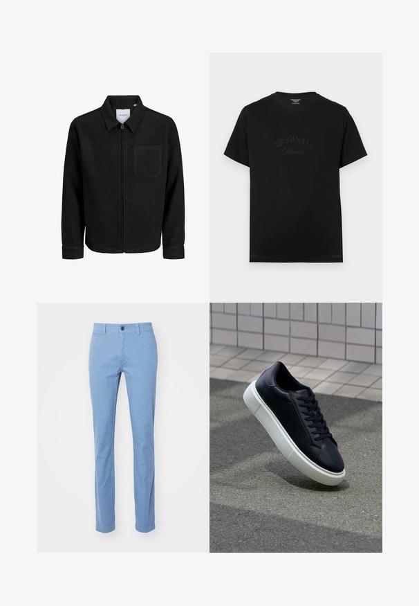 Crna jakna na zip s ovratnikom i jednim džepom na prsima, prikazana na bijeloj pozadini.; Crna pamučna majica s kratkim rukavima i okruglim izrezom. Na prednjoj strani se ističe natpis "ORIGINALS Studio" u toniranim slovima.; Svijetloplavi chino hlače ravnog kroja izrađene od pamučne tkanine. Imaju prednje zakopčavanje na gumb, petlje za pojas i prednje džepove. Glatka tekstura.; Crne kožne tenisice s zaobljenim vrhom i bijelim gumiranim potplatom. Imaju ravne vezice i minimalno šivanje na gornjem dijelu. Teksturirani potplat za bolje prianjanje.