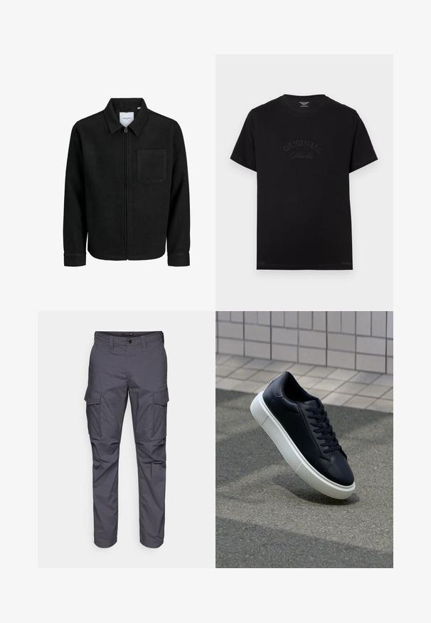 Schwarze Zip-Jacke mit Kragen und einer einzelnen Brusttasche, auf weißem Hintergrund präsentiert.; Schwarzes Baumwoll-T-Shirt mit kurzen Ärmeln und rundem Halsausschnitt. Auf der Vorderseite befindet sich der Schriftzug "ORIGINALS Studio" in eingeprägten, tonalen Buchstaben.; Graue Cargo-Hose mit geradem Schnitt, aus leichtem Stoff, mit Seitentaschen und Knopfverschluss am Bund.; Schwarze Leder-Sneaker mit runder Zehenpartie und weißer Gummisohle. Verfügt über flache Schnürsenkel und minimale Nähte im Obermaterial. Strukturiertes Sohlenprofil für besseren Halt.