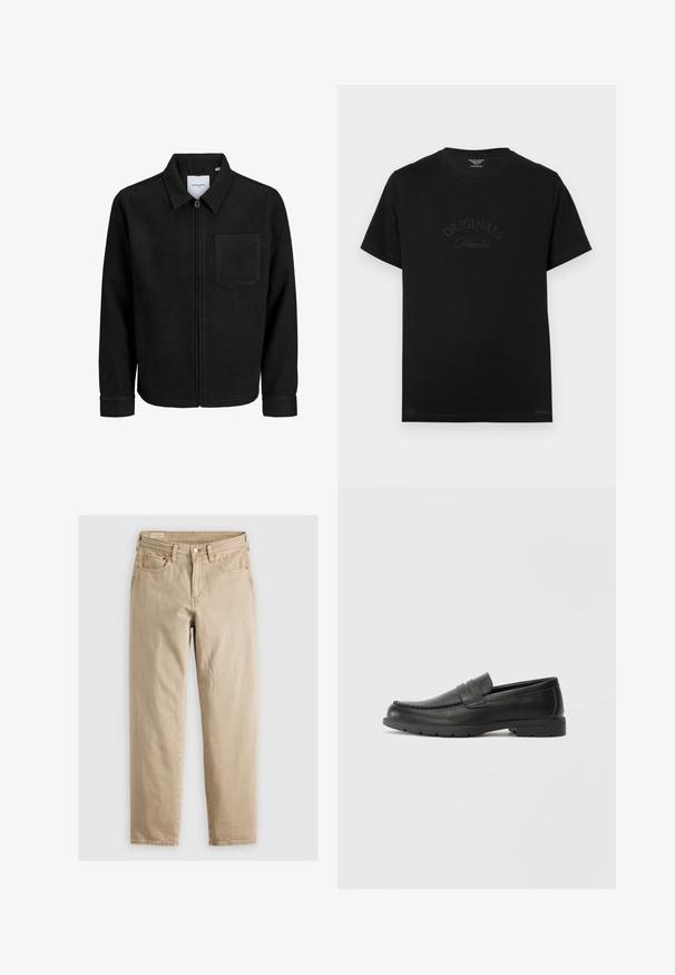 Črna jakna z zadrgo in ovratnikom ter enim žepom na prsih, prikazana na beli podlagi.; Črna bombažna majica s kratkimi rokavi in okroglo izrezom. Na sprednjem delu je v tonečih črkami embosirano "ORIGINALS Studio".; Bežne kavbojke v bež barvi s ravnim krojem, ki vključujejo pet žepov, sprednje zapiranje na gumb in subtilne detajle šivanja. Gladka tekstura, sproščen dizajn.; Črne usnjene loafer čevlje z gladko površino, zgornjim delom v slogu mokasin, šivanimi detajli in gumijastim podplatom. Klasična zasnova z nizko peto.