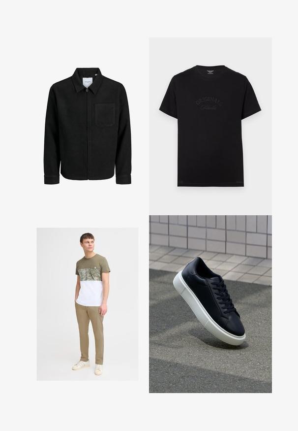 Giacca nera con zip, colletto e una tasca sul petto, mostrata su sfondo bianco.; T-shirt in cotone nero con maniche corte e scollatura rotonda. Presenta la scritta "ORIGINALS Studio" in rilievo con lettering tonale sul davanti.; T-shirt a blocchi di colore verde oliva e bianco con maniche corte e tasca, abbinata a pantaloni beige aderenti e sneaker bianche.; Sneaker in pelle nera con punta arrotondata e suola in gomma bianca. Presenta lacci piatti e cuciture minime sulla parte superiore. Suola testurizzata per una migliore aderenza.