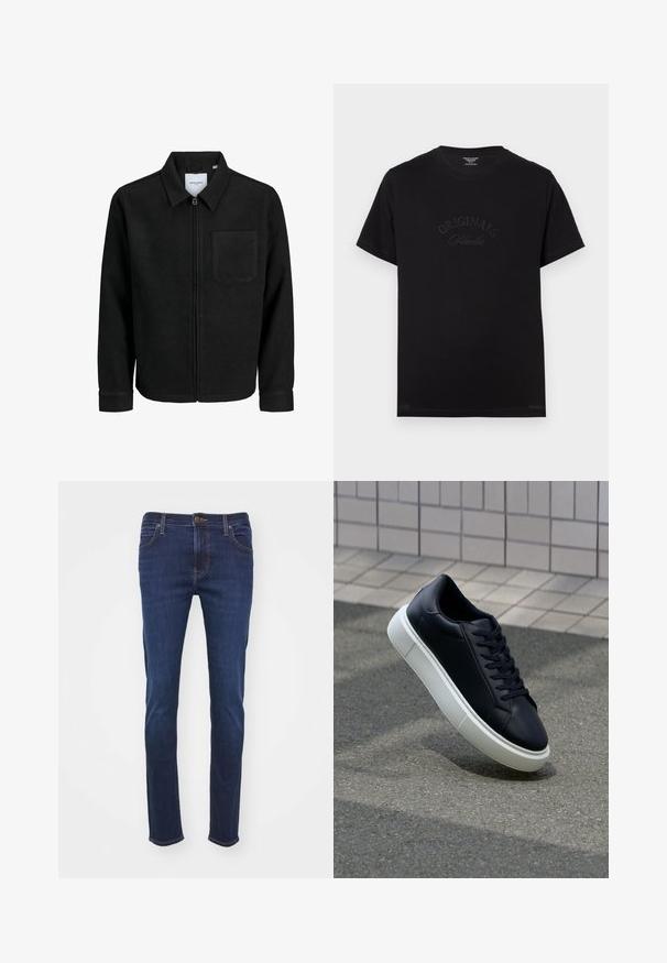 Svart zip-jacka med krage och en enda bröstficka, visad på vit bakgrund.; Svart bomulls t-shirt med korta ärmar och rund halsringning. Har "ORIGINALS Studio" präglat i tonade bokstäver på framsidan.; Mörkblå denimjeans med rak benmodell, försedda med standardfickor, en knappgylf och beige sömnads detaljer.; Svart lädersneaker med rundad tå och vit gummisula. Har platta snören och minimal sömnad på ovansidan. Texturerad sula för grepp.