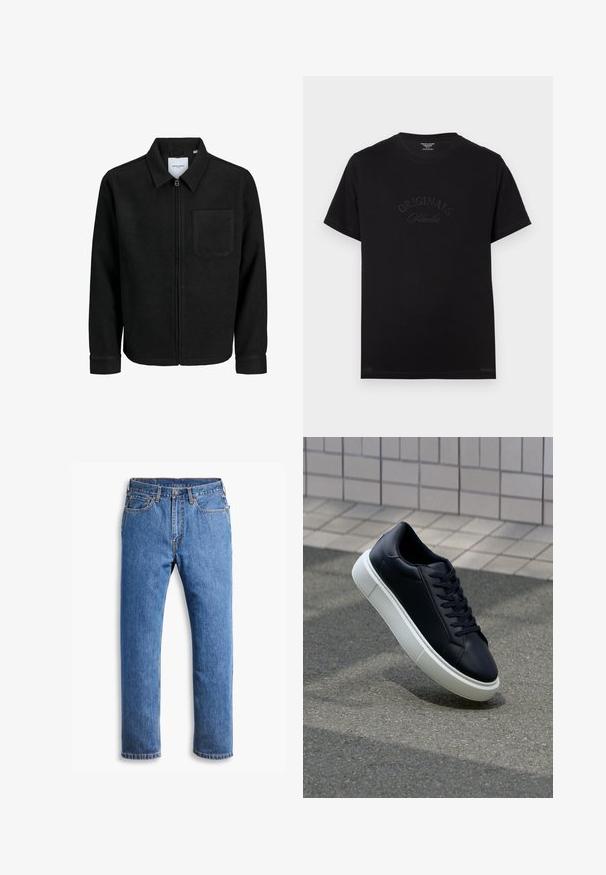 Black zip-up jacket with collar and single chest pocket, displayed on white background.; Black cotton t-shirt with short sleeves and a round neckline. Features "ORIGINALS Studio" embossed in tonal lettering on the front.; Blue denim jeans with a straight cut, featuring five pockets, a button closure, and orange stitching accents on a clean white background.; Black leather sneaker with rounded toe and white rubber sole. Features flat laces and minimal stitching on the upper. Textured sole for grip.