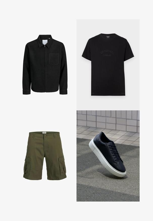 Mustaga lukuga jakker, millel on krae ja üks rinna-tasku, esitatud valgel taustal.; Must t-särk lühikeste varrukatega ja ümmarguse kaelusega. Esiküljel on hõbedaselt kirjeldatud "ORIGINALS Studio".; Oliivroheline cargo lühike püksid, mis on valmistatud puuvillast, omavad kahte suurt küljetaskut, nööbi kinnitust ja sirget lõiget.; Mustast nahast tennisetoss, millel on ümar nina ja valge kummist tall. Omab siredaid paelu ja minimaalset õmblemist ülemises osas. Tekstuuriga tald, mis tagab haakuvuse.