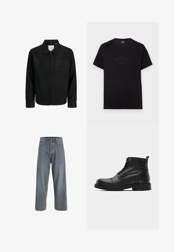 Black zip-up jacket with collar and single chest pocket, displayed on white background.; Black cotton t-shirt with short sleeves and a round neckline. Features "ORIGINALS Studio" embossed in tonal lettering on the front.; Light blue wide-leg denim jeans with a high waist, five-pocket design, and visible stitching. Soft texture with a slightly faded appearance.; Black leather ankle boots with round toe, lace-up design, contrasting gray eyelets, and rugged rubber outsole. Smooth texture with minimal accents.