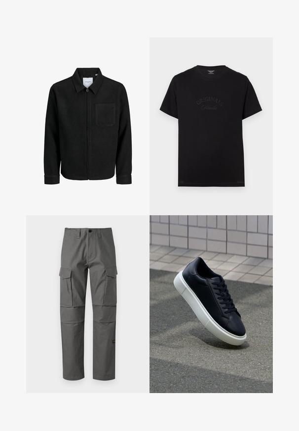 Zwarte zip-up jas met kraag en enkele borstzak, weergegeven op een witte achtergrond.; Zwarte katoenen t-shirt met korte mouwen en een ronde hals. Kenmerkt zich door "ORIGINALS Studio" in ton-sur-ton letters op de voorkant.; Grijze cargobroek van duurzaam materiaal, met een recht model, meerdere zijzakken en zichtbare stiksels.; Zwarte leren sneaker met een ronde neus en een witte rubberen zool. Voorzien van platte veters en minimale stiksels op het bovenwerk. Textuurrijke zool voor grip.