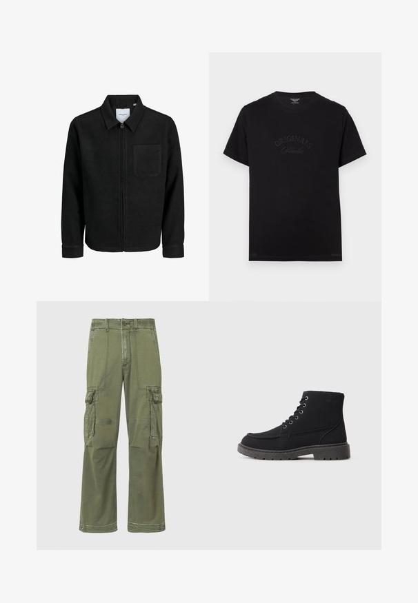 Sort lynlåsjakke med krave og en enkelt brystlomme, vist på hvid baggrund.; Sort bomulds t-shirt med korte ærmer og rund halsudskæring. Har "ORIGINALS Studio" prægede i tonal skrift på forsiden.; Olivengrønne cargo bukser med en afslappet pasform, der har flere sidelommer, syninger og en knaplukning i taljen.; Sorte ankelstøvler lavet af struktureret materiale med flad sål, rund tå og seks hulrums snøring. Forstærket syning langs kanten.