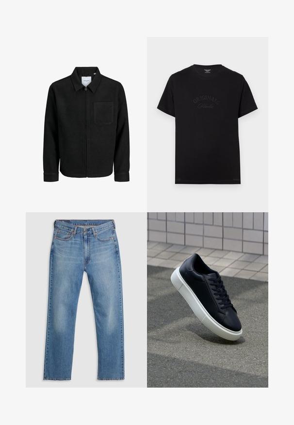 Jachetă neagră cu fermoar, cu guler și un singur buzunar pe piept, expusă pe fundal alb.; Tricou din bumbac negru, cu mâneci scurte și guler rotund. Prezintă inscripția "ORIGINALS Studio" debossată în tonuri pe partea din față.; Jeanși din denim albastru, cu croi drept, cu închidere frontală prin buton și fermoar, lene de curea și design cu cinci buzunare, pe un fundal alb.; Tenis cu piele neagră, cu vârful rotund și talpă din cauciuc alb. Are șireturi plate și cusături minime pe suprafață. Tălpile texturate oferă aderență.