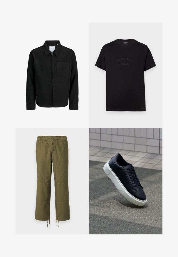 Schwarze Zip-Jacke mit Kragen und einer einzelnen Brusttasche, auf weißem Hintergrund präsentiert.; Schwarzes Baumwoll-T-Shirt mit kurzen Ärmeln und rundem Halsausschnitt. Auf der Vorderseite befindet sich der Schriftzug "ORIGINALS Studio" in eingeprägten, tonalen Buchstaben.; Olivengrüne, weit geschnittene Hosen aus Baumwolle mit einem elastischen Bund, einem Knopfverschluss und kontrastierenden Patches auf den Knien.; Schwarze Leder-Sneaker mit runder Zehenpartie und weißer Gummisohle. Verfügt über flache Schnürsenkel und minimale Nähte im Obermaterial. Strukturiertes Sohlenprofil für besseren Halt.