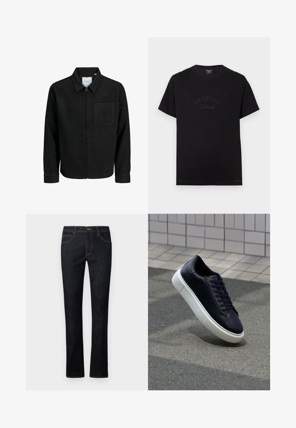 Černá zipová bunda s límečkem a jednou kapsou na hrudi, vystavená na bílém pozadí.; Černé bavlněné tričko s krátkým rukávem a kulatým výstřihem. Na přední straně je vystouplý nápis "ORIGINALS Studio" v tonálním písmu.; Tmavě modré džíny s rovnými nohavicemi, s oranžovým prošíváním, pětikapsovým designem a předním zapínáním na knoflík.; Černé kožené tenisky s kulatou špičkou a bílou gumovou podrážkou. mají ploché tkaničky a minimální šití na svršku. Texturovaná podrážka pro lepší přilnavost.