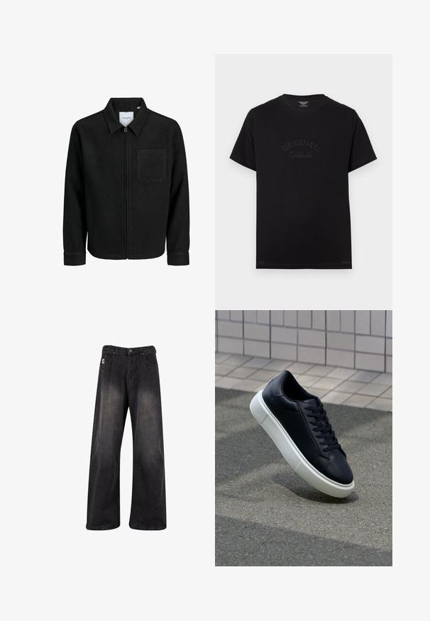 Melna jaka ar rāvējslēdzēju un apkakli, vienu krūšu kabatu, parādīta uz baltas fona.; Melnas kokvilnas T-krekls ar īsām piedurknēm un apaļu izgriezumu. Priekšpusē ir izceltas ar tonālām burtiem "ORIGINALS Studio".; Melni platmalu džinsi ar nodilušu apdari, aprīkoti ar pogu aizdari, piecām kabatām un zīmola uzskaites plāksni kreisajā priekšpusē.; Melnas ādas kedas ar noapaļotu pirkstu un baltu gumijas zoli. Iespējas - plakanas šņorītes un minimāla apdare augšdaļā. Struktūrēta zole, lai nodrošinātu saķeri.