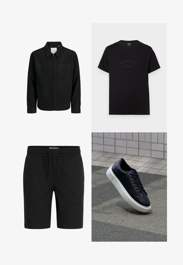 Musta vetoketjullinen takki, jossa on kaulus ja yksi rintatasku, esitelty valkoista taustaa vasten.; Mustat puuvillapaitat lyhyillä hihoilla ja pyöreällä kaula-aukolla. Edessä on tonalisessa kirjonnassa "ORIGINALS Studio".; Mustat shortsit, jotka on valmistettu kevyestä kankaasta, varustettu joustavalla vyötäröltä vetoketjulla ja sivutaskuilla kätevyyden vuoksi.; Mustat nahkakengät, joissa on pyöristetty kärki ja valkoinen kumipohja. Varusteena litteät nauhat ja minimaalinen ommel ylhäällä. Teksturoitu pohja pitävyyden lisäämiseksi.