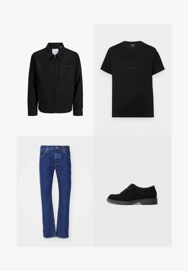 Crna jakna na zip s ovratnikom i jednim džepom na prsima, prikazana na bijeloj pozadini.; Crna pamučna majica s kratkim rukavima i okruglim izrezom. Na prednjoj strani se ističe natpis "ORIGINALS Studio" u toniranim slovima.; Plave traperice sa ravnim nogavicama, koje imaju prednje džepove, kopčanje na dugme i suptilne detalje šivanja.; Crne sued kože cipele s okruglim vrhom, kontrastnim šivom i gumenom potplatom. Ima minimalno vezanje i glatki gornji dio.