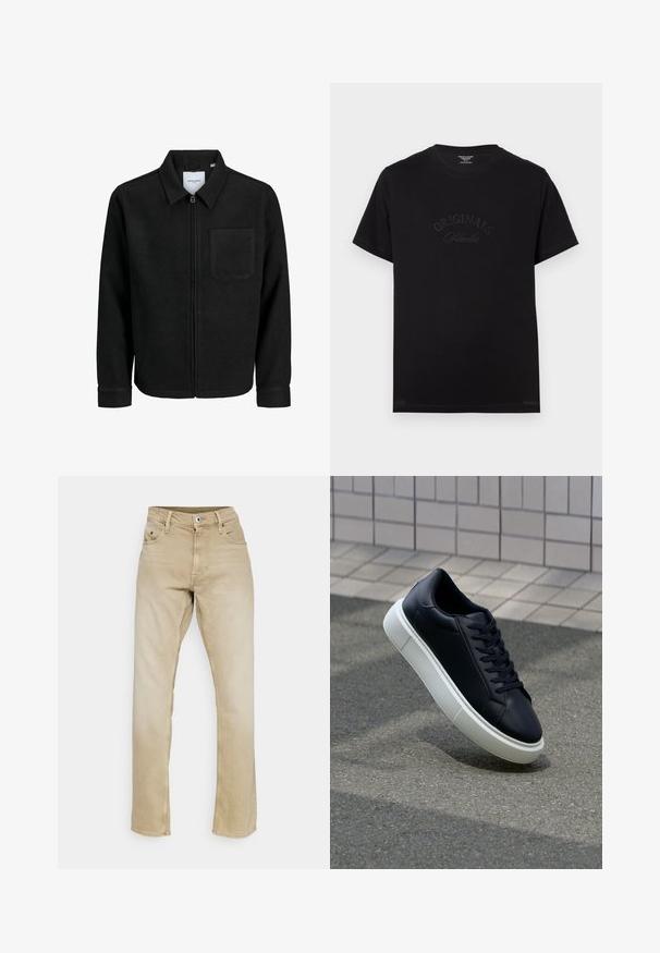 Juodas džemperis su užtrauktuku, apykakle ir vienu krūtiniu kišenėje, pristatytas baltame fone.; Juodas medvilninis marškinėliai su trumpomis rankovėmis ir apvaliu iškirpimu. Priekyje turi įspaustą tekstą "ORIGINALS Studio" toninėmis raidelėmis.; Bežinės džinsinės kelnės su tiesiu kirpimu, penkių kišenių stiliumi ir mygtuko uždarymu. Papuoštos minkšta tekstūra ir paprastu siuvimo akcentu.; Juodas odinis sportbačius su apvaliu pirštu ir baltu gumuotu padu. Turi plokščias raišteles ir minimalų siuvimą viršuje. Padangos tekstūra užtikrina sukibimą.