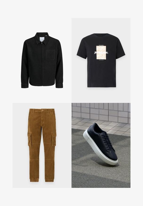 Črna jakna z zadrgo in ovratnikom ter enim žepom na prsih, prikazana na beli podlagi.; Črna bombažna majica s krožnim izrezom. Ima bež pravokoten grafični vzorec in belo besedilo "JAWO," sredi spredaj. Kratke rokave.; Rjave kordurojske cargo hlače s taper fit krojem, ki imajo stranske žepe, gumbasto zapiranje in elastične manšete na gležnjih.; Črne usnjene superge z zaobljenim prstom in belim gumijastim podplat. Imajo ravne vezalke in minimalno šivanje na zgornjem delu. Teksturirani podplat za oprijem.