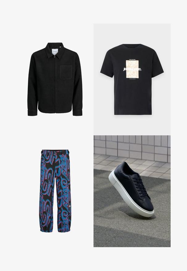 Chaqueta negra con cremallera y cuello, con un solo bolsillo en el pecho, expuesta sobre un fondo blanco.; Camiseta de algodón negra con cuello redondo. Presenta un gráfico rectangular beige y texto blanco, "JAWO," centrado en la parte delantera. Mangas cortas.; Pantalones negros con patrones abstractos en azul brillante y rosa. Cuentan con puños elásticos y una cinturilla con dos correas ajustables y botones.; Zapatilla de cuero negro con punta redonda y suela de goma blanca. Presenta cordones planos y un mínimo de costuras en la parte superior. Suela texturizada para proporcionar agarre.