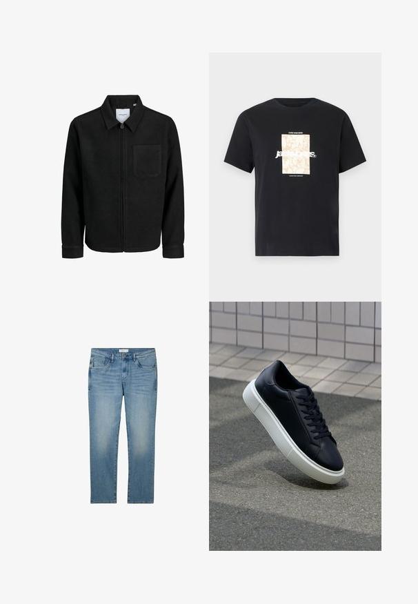 Crna jakna na zip s ovratnikom i jednim džepom na prsima, prikazana na bijeloj pozadini.; Crna pamučna majica s okruglim izrezom. Ima bež pravokutni grafički prikaz i bijeli tekst "JAWO" centriran sprijeda. Kratki rukavi.; Plave traperice sa ravnim krojem, sa pet džepova i izblijedjelim izgledom. Tkanina ima glatku teksturu i blagu elastičnost.; Crne kožne tenisice s zaobljenim vrhom i bijelim gumiranim potplatom. Imaju ravne vezice i minimalno šivanje na gornjem dijelu. Teksturirani potplat za bolje prianjanje.