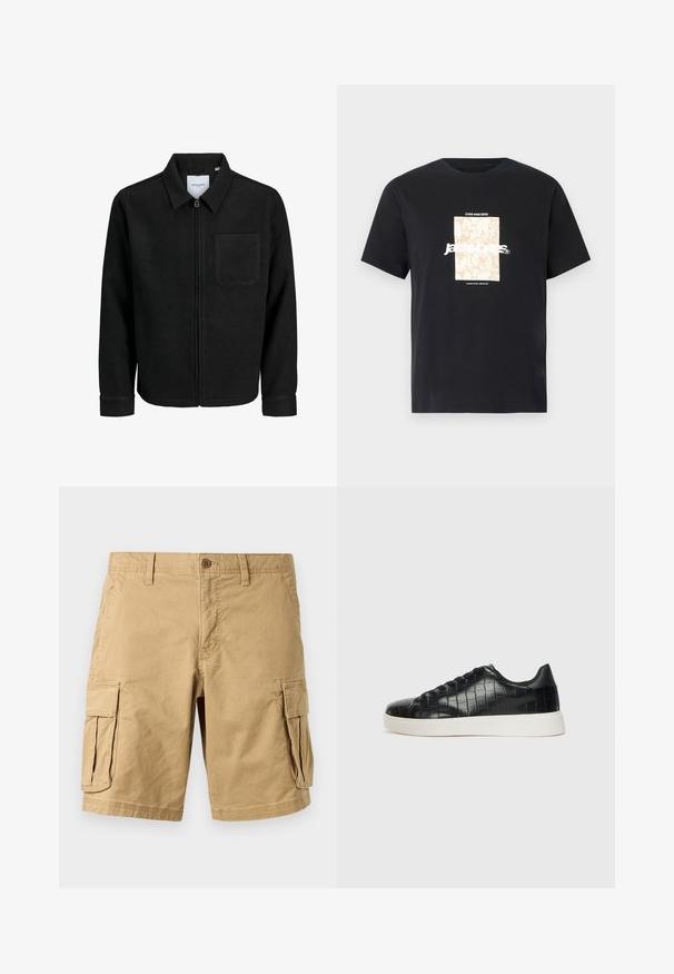 Black zip-up jacket with collar and single chest pocket, displayed on white background.; Black cotton t-shirt with round neck. Features a beige rectangular graphic and white text, "JAWO," centered on the front. Short sleeves.; Beige cargo shorts made of lightweight cotton, featuring two large side pockets, a button closure, and belt loops. Smooth texture.; Black sneakers featuring a textured croc-embossed leather upper, rounded toe, and a contrasting white rubber sole with a smooth finish.