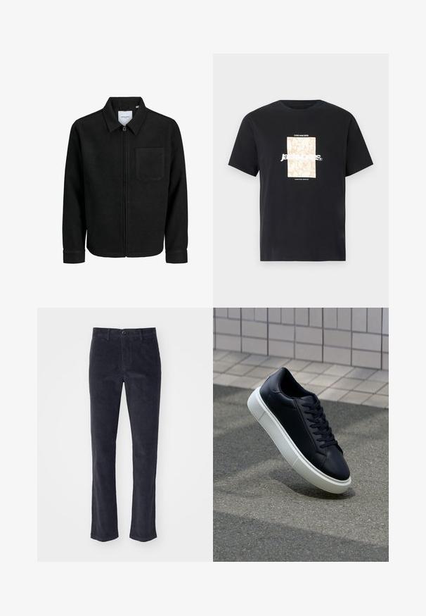 Zwarte zip-up jas met kraag en enkele borstzak, weergegeven op een witte achtergrond.; Zwarte katoenen T-shirt met ronde hals. Kenmerkt een beige rechthoekige grafiek en witte tekst, "JAWO," gecentreerd op de voorkant. Korte mouwen.; Donkergrijze corduroybroek met een recht model, voorzien van een sluiting met een knoop aan de voorkant en zijzakken. Zachte textuur met verticale ribbels.; Zwarte leren sneaker met een ronde neus en een witte rubberen zool. Voorzien van platte veters en minimale stiksels op het bovenwerk. Textuurrijke zool voor grip.