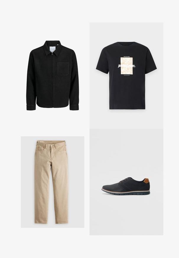 Musta vetoketjullinen takki, jossa on kaulus ja yksi rintatasku, esitelty valkoista taustaa vasten.; Mustat puuvillapaita pyöreällä kaula-aukolla. Edessä on beigellä suorakulmaisella graafikolla ja valkoisella tekstillä "JAWO" keskellä. Lyhyet hihat.; Vaaleat farkut, joissa on suora leikkaus, viisi taskua, etupainike ja huomaamattomat tikkaustiedot. Sujuva tekstuuri, rento muotoilu.; Mustat synteettiset kengät, joissa on teksturoitu päällinen, sileät yksityiskohdat, ruskea kanta ja erottuva pohja. Ominaisuuksina minimaalinen nauhoitus ja ompeluyksityiskohdat.