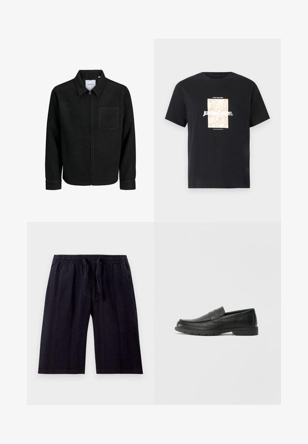 Čierna zipsová bunda s golierom a jednou náprsníkou, vystavená na bielom pozadí.; Čierne bavlnené tričko s okrúhlym výstrihom. Na prednej strane sa nachádza béžová obdĺžniková grafika s bielym textom "JAWO," ktorý je umiestnený na stred. Krátke rukávy.; Čierne šortky po kolená vyrobené z ľahkého materiálu. Obsahujú elastický pás so šnúrkou a hladkú textúru. Jednoduchý dizajn.; Čierne kožené mokasíny s hladkým povrchom, vrchnou časťou v štýle mokasín, prešitým detailom a gumovou podrážkou. Klasický dizajn s nízkym podpätkom.