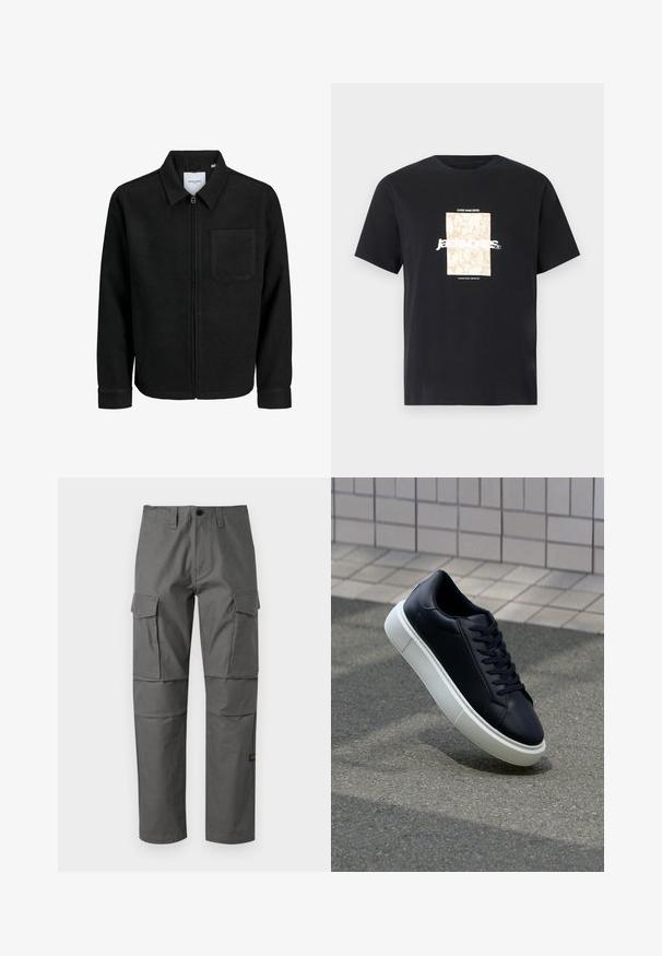 Zwarte zip-up jas met kraag en enkele borstzak, weergegeven op een witte achtergrond.; Zwarte katoenen T-shirt met ronde hals. Kenmerkt een beige rechthoekige grafiek en witte tekst, "JAWO," gecentreerd op de voorkant. Korte mouwen.; Grijze cargobroek van duurzaam materiaal, met een recht model, meerdere zijzakken en zichtbare stiksels.; Zwarte leren sneaker met een ronde neus en een witte rubberen zool. Voorzien van platte veters en minimale stiksels op het bovenwerk. Textuurrijke zool voor grip.
