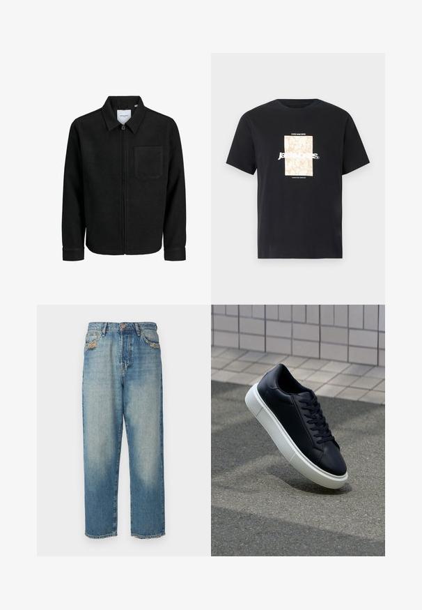 Chaqueta negra con cremallera y cuello, con un solo bolsillo en el pecho, expuesta sobre un fondo blanco.; Camiseta de algodón negra con cuello redondo. Presenta un gráfico rectangular beige y texto blanco, "JAWO," centrado en la parte delantera. Mangas cortas.; Jeans de denim azul claro con pierna recta, acabado desgastado, desgaste en los bolsillos y dobladillos deshilachados. Diseño de cinco bolsillos con cierre de botón.; Zapatilla de cuero negro con punta redonda y suela de goma blanca. Presenta cordones planos y un mínimo de costuras en la parte superior. Suela texturizada para proporcionar agarre.