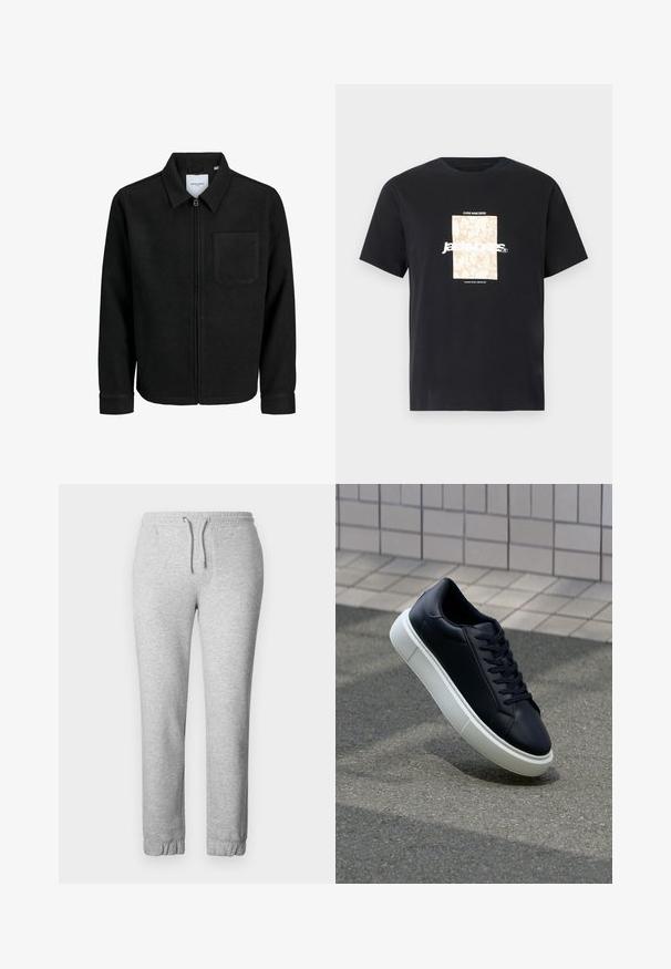 Zwarte zip-up jas met kraag en enkele borstzak, weergegeven op een witte achtergrond.; Zwarte katoenen T-shirt met ronde hals. Kenmerkt een beige rechthoekige grafiek en witte tekst, "JAWO," gecentreerd op de voorkant. Korte mouwen.; Grijze sweatpants van zacht materiaal, met een elastische tailleband met een trekkoord, elastische boorden en een zachte textuur.; Zwarte leren sneaker met een ronde neus en een witte rubberen zool. Voorzien van platte veters en minimale stiksels op het bovenwerk. Textuurrijke zool voor grip.