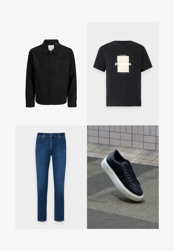 Črna jakna z zadrgo in ovratnikom ter enim žepom na prsih, prikazana na beli podlagi.; Črna bombažna majica s krožnim izrezom. Ima bež pravokoten grafični vzorec in belo besedilo "JAWO," sredi spredaj. Kratke rokave.; Temno modri kavbojki iz denima s ravnimi hlačnicami, sprednjimi žepi in gumbom za zapiranje na pasu. Gladka tekstura, minimalen dizajn.; Črne usnjene superge z zaobljenim prstom in belim gumijastim podplat. Imajo ravne vezalke in minimalno šivanje na zgornjem delu. Teksturirani podplat za oprijem.