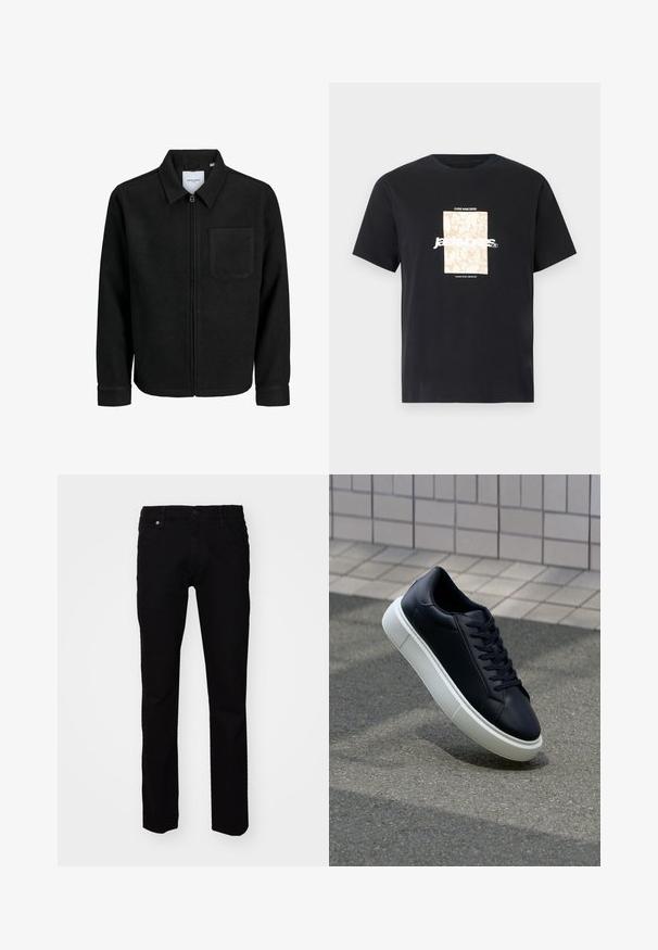 Črna jakna z zadrgo in ovratnikom ter enim žepom na prsih, prikazana na beli podlagi.; Črna bombažna majica s krožnim izrezom. Ima bež pravokoten grafični vzorec in belo besedilo "JAWO," sredi spredaj. Kratke rokave.; Črne denim hlače s ožjim krojem. Značilnosti vključujejo sprednje zapiranje na gumb, zanke za pas in tradicionalno zasnovo s petimi žepi. Gladka tekstura.; Črne usnjene superge z zaobljenim prstom in belim gumijastim podplat. Imajo ravne vezalke in minimalno šivanje na zgornjem delu. Teksturirani podplat za oprijem.