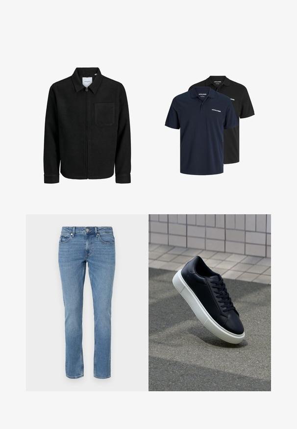 Chaqueta negra con cremallera y cuello, con un solo bolsillo en el pecho, expuesta sobre un fondo blanco.; Dos camisetas polo: una azul marino con logo blanco y otra negra. Ambas cuentan con un cuello clásico y mangas cortas, hechas de un tejido ligero.; Jeans de mezclilla azul de pierna recta con bolsillos delanteros, pasadores para cinturón y cierre de botón.; Zapatilla de cuero negro con punta redonda y suela de goma blanca. Presenta cordones planos y un mínimo de costuras en la parte superior. Suela texturizada para proporcionar agarre.